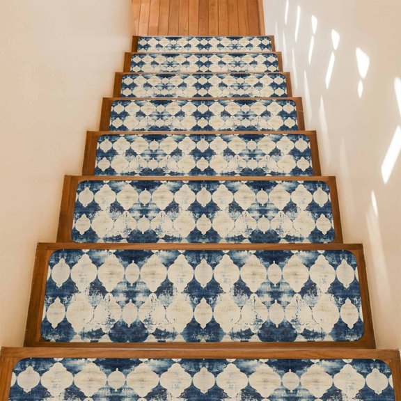 Stair Treads Non Slip Indoor for Wooden Steps, Blue Ethnic 4 Pcs Stair Mats for Kids Elders Dogs, 8 x 30 Inch Vintage Shabby Abstract Chic Geometric Art Carpet Treads Runner Rugs for Staircase