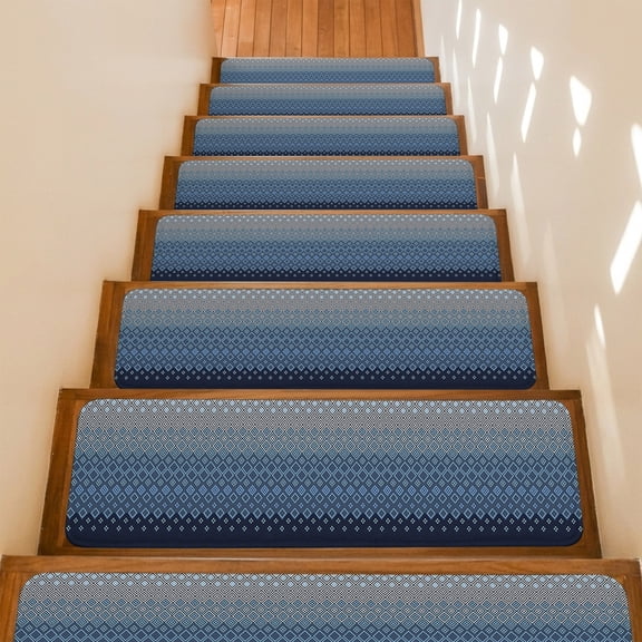 Stair Treads Non Slip Indoor for Wooden Steps, Blue Grey Ombre Geometric 15 Pcs Stair Mats for Kids Elders Dogs, 8 x 30 Inch Modern Abstract Art Carpet Treads Runner Rugs for Staircase