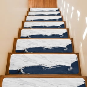 Stair Treads Non Slip Indoor for Wooden Steps, Blue Marble Crack 15 Pcs Stair Mats for Kids Elders Dogs, 8 x 30 Inch Modern Abstract Geometric Texture Carpet Treads Runner Rugs for Staircase