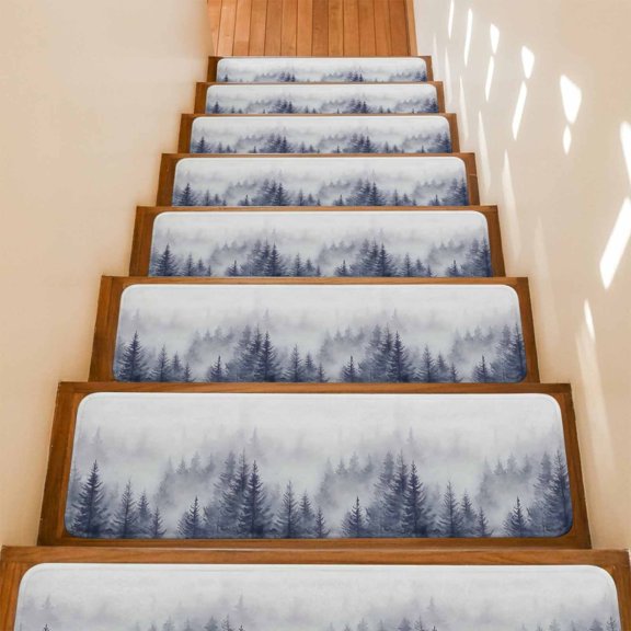 Stair Treads Non Slip Indoor for Wooden Steps, Blue Mist Forest 15 Pcs Stair Mats for Kids Elders Dogs, 8 x 30 Inch Pine Larch Trees Natural Landscape Carpet Treads Runner Rugs for Staircase