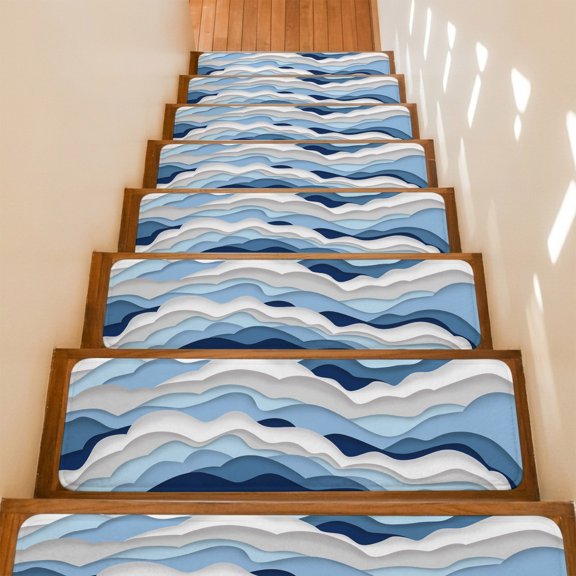 Stair Treads Non Slip Indoor for Wooden Steps, Blue White Ombre 15 Pcs Stair Mats for Kids Elders Dogs, 8 x 30 Inch Modern Geometric Moire Abstract Art Carpet Treads Runner Rugs for Staircase