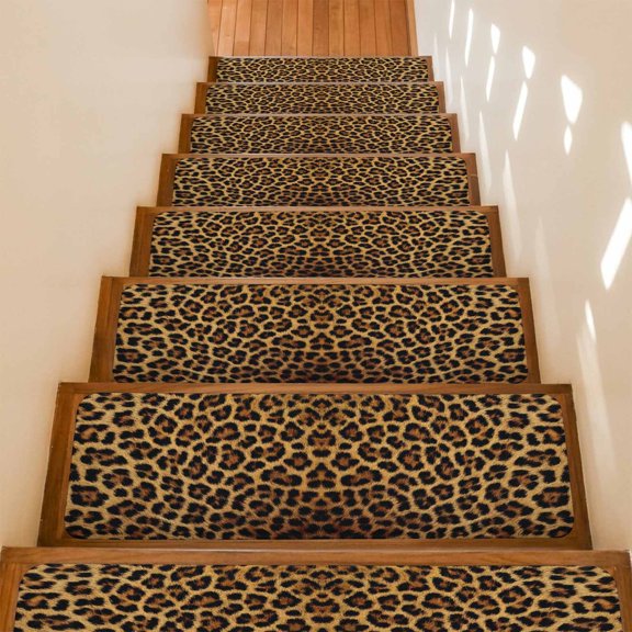 Stair Treads Non Slip Indoor for Wooden Steps, Brown Leopard Print 4 Pcs Stair Mats for Kids Elders Dogs, 8 x 30 Inch Classic Abstract Animal Patterned Carpet Treads Runner Rugs for Staircase