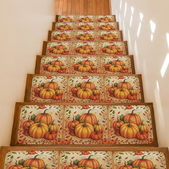 Stair Treads Non Slip Indoor for Wooden Steps, Burnt Orange Pumpkins Fall 15 Pcs Stair Mats for Kids Elders Dogs, 8 x 30 Inch Thanksgiving Botanical Pastoral Carpet Treads Runner Rugs for Staircase