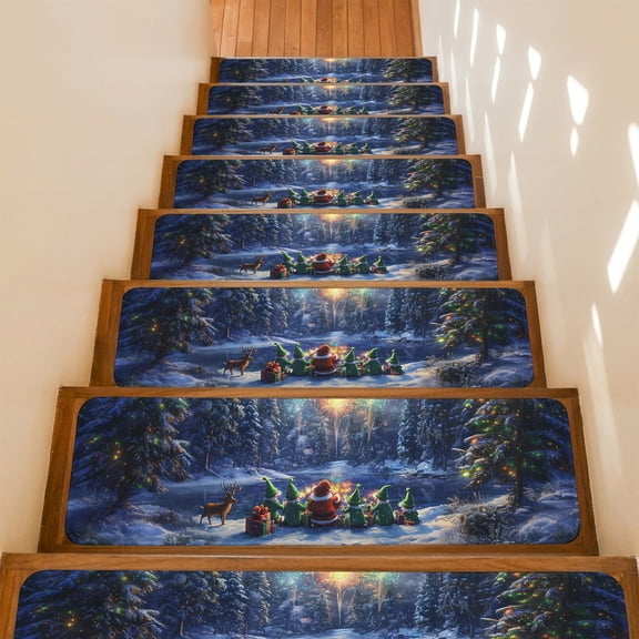 Stair Treads Non Slip Indoor for Wooden Steps, Christmas 15 Pcs Stair Mats for Kids Elders Dogs, 8 x 30 Inch Santa Gnomes Xmas Tree Snowflake Carpet Treads Runner Rugs for Staircase