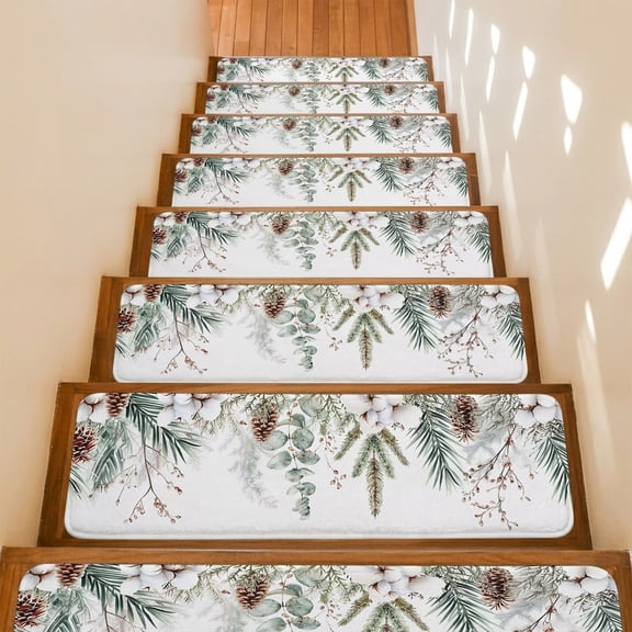 Stair Treads Non Slip Indoor for Wooden Steps, Christmas Botanical 15 Pcs Stair Mats for Kids Elders Dogs, 8 x 30 Inch Eucalyptus Leaves Xmas Pinecone Cotton Carpet Treads Runner Rugs for Staircase