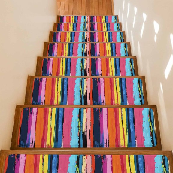 Stair Treads Non Slip Indoor for Wooden Steps, Colorful Striped 15 Pcs Stair Mats for Kids Elders Dogs, 8 x 30 Inch Modern Rainbow Abstract Graffiti Art Carpet Treads Runner Rugs for Staircase