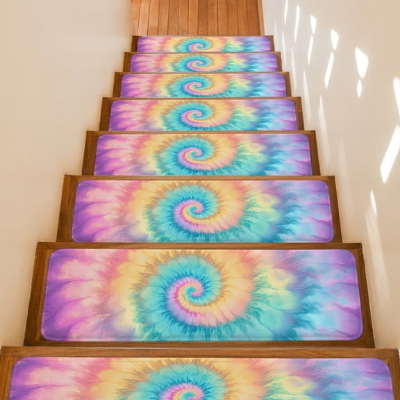 Stair Treads Non Slip Indoor for Wooden Steps, Colorful Tie Dye 15 Pcs Stair Mats for Kids Elders Dogs, 8 x 30 Inch Rainbow Ombre Abstract Pattern Art Carpet Treads Runner Rugs for Staircase