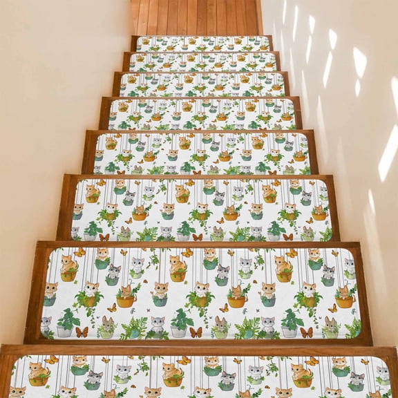 Stair Treads Non Slip Indoor for Wooden Steps, Cute Cartoon 4 Pcs Stair Mats for Kids Elders Dogs, 8 x 30 Inch Cat Butterfly Spring Floral Botanical Carpet Treads Runner Rugs for Staircase