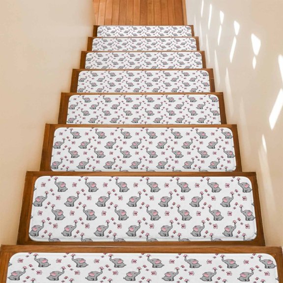 Stair Treads Non Slip Indoor for Wooden Steps, Cute Elephants 4 Pcs Stair Mats for Kids Elders Dogs, 8 x 30 Inch Cartoon Funny Butterflies Pink Carpet Treads Runner Rugs for Staircase