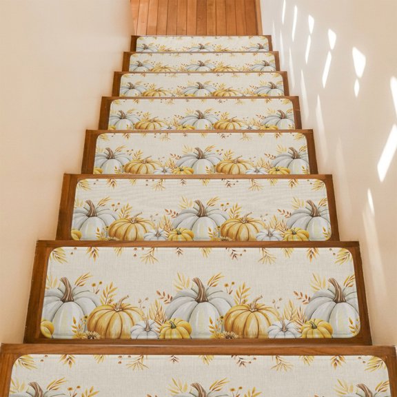 Stair Treads Non Slip Indoor for Wooden Steps, Fall Pumpkins 4 Pcs Stair Mats for Kids Elders Dogs, 8 x 30 Inch Thanksgiving Vintage Harvest Wheat Plant Carpet Treads Runner Rugs for Staircase