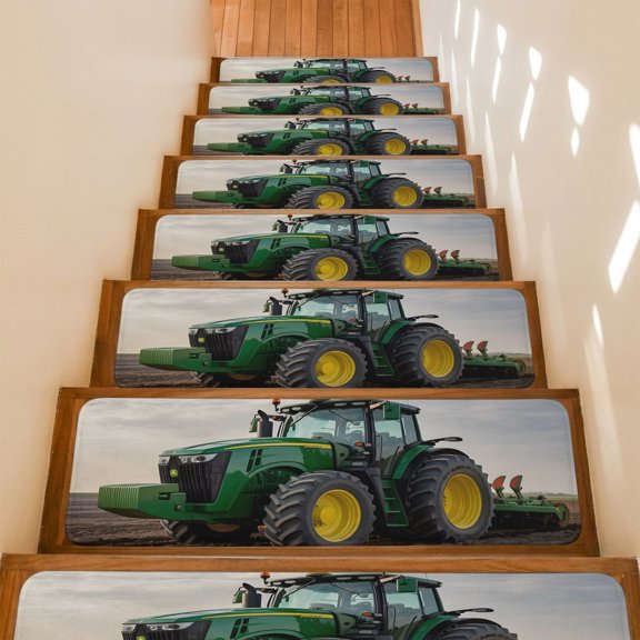 Stair Treads Non Slip Indoor for Wooden Steps, Farm Tractor 4 Pcs Stair Mats for Kids Elders Dogs, 8 x 30 Inch Green Truck Country Rustic Field Harvester Carpet Treads Runner Rugs for Staircase