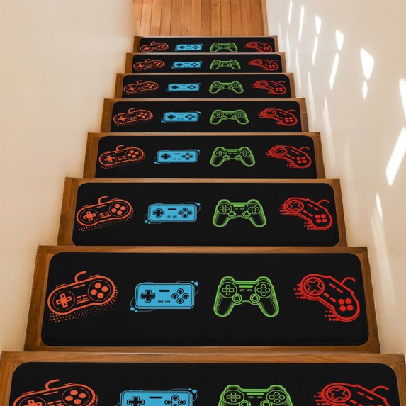 Stair Treads Non Slip Indoor for Wooden Steps, Game Controller 7 Pcs Stair Mats for Kids Elders Dogs, 8 x 30 Inch Modern Art Gaming Handheld Black Carpet Treads Runner Rugs for Staircase