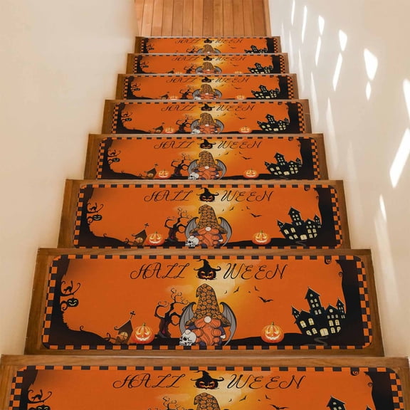 Stair Treads Non Slip Indoor for Wooden Steps, Halloween, 15 Pcs Stair Mats for Kids Elders Dogs, 8 x 30 Inch Orange Black Dwarf Skull Pumpkins Haunted-House Carpet Treads Runner Rugs for Staircase