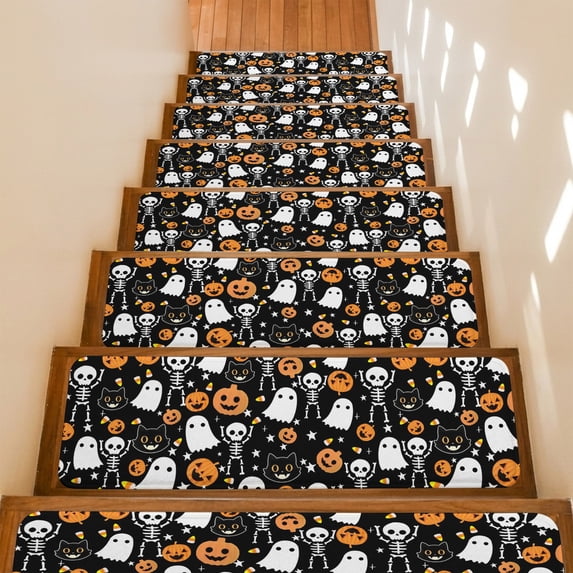 Stair Treads Non Slip Indoor for Wooden Steps, Halloween 7 Pcs Stair Mats for Kids Elders Dogs, 8 x 30 Inch Orange Pumpkins White Funny Ghost Black Cat Carpet Treads Runner Rugs for Staircase