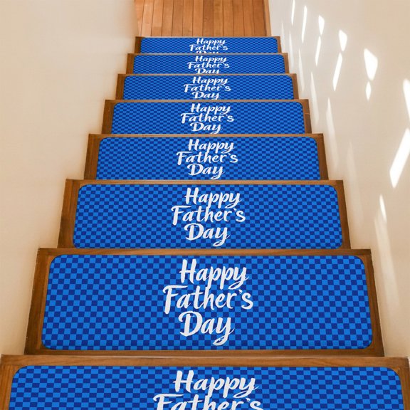 Stair Treads Non Slip Indoor for Wooden Steps, Happy Father's Day 15 Pcs Stair Mats for Kids Elders Dogs, 8 x 30 Inch Blue Checkered Plaid Carpet Treads Runner Rugs for Staircase