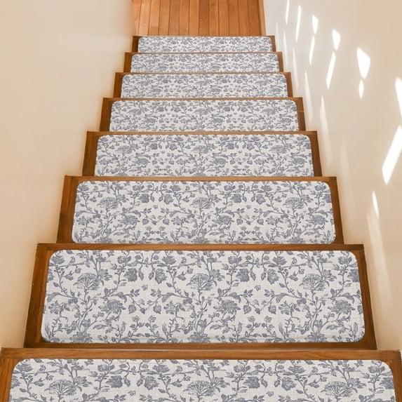 Stair Treads Non Slip Indoor for Wooden Steps, Haze Blue Leaf 10 Pcs Stair Mats for Kids Elders Dogs, 8 x 30 Inch Retro Farmhouse Plant Floral Branch Carpet Treads Runner Rugs for Staircase