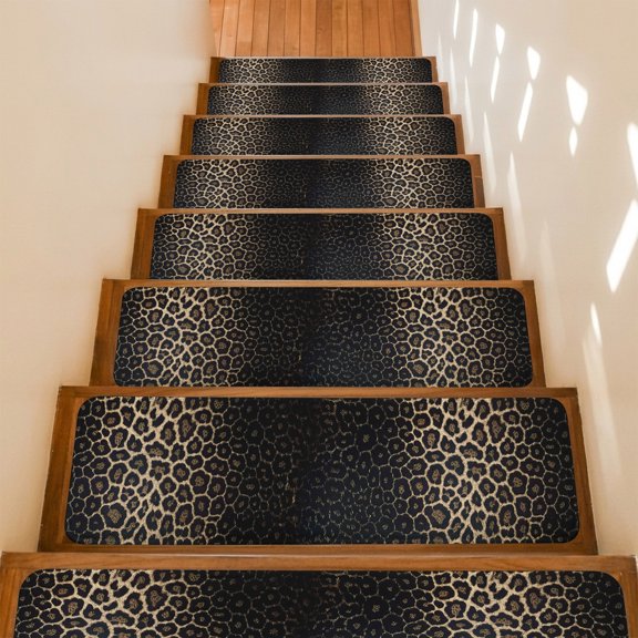 Stair Treads Non Slip Indoor for Wooden Steps, Leopard Print 4 Pcs Stair Mats for Kids Elders Dogs, 8 x 30 Inch Chic Abstract Black Brown Animals Texture Carpet Treads Runner Rugs for Staircase