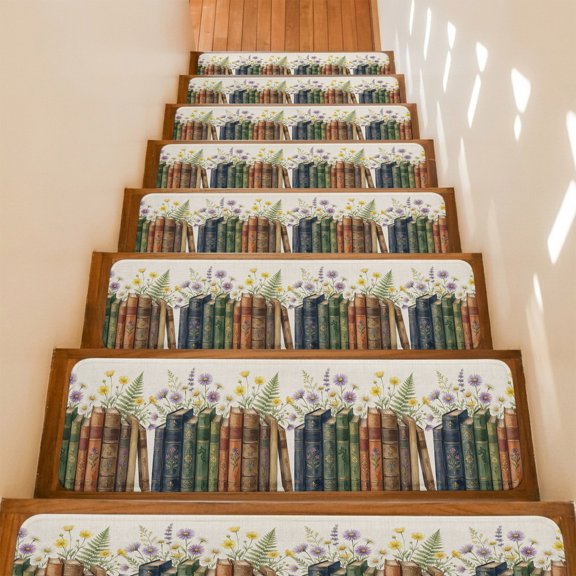 Stair Treads Non Slip Indoor for Wooden Steps, Modern Books Flower 4 Pcs Stair Mats for Kids Elders Dogs, 8 x 30 Inch Country Chic Floral Leaves Beige Carpet Treads Runner Rugs for Staircase