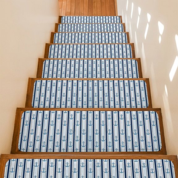 Stair Treads Non Slip Indoor for Wooden Steps, Navy Blue Anchor Nautical 15 Pcs Stair Mats for Kids Elders Dogs, 8 x 30 Inch Blue Coastal Ocean Carpet Treads Runner Rugs for Staircase