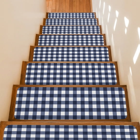 Stair Treads Non Slip Indoor for Wooden Steps, Navy Blue Check 15 Pcs Stair Mats for Kids Elders Dogs, 8 x 30 Inch Farmhouse Buffalo Plaid Blue Carpet Treads Runner Rugs for Staircase