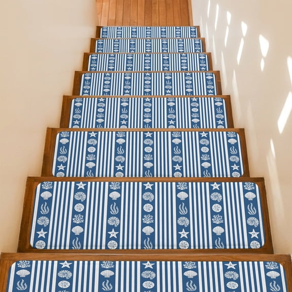 Stair Treads Non Slip Indoor for Wooden Steps, Navy Blue Striped Coastal 15 Pcs Stair Mats for Kids Elders Dogs, 8 x 30 Inch Nautical Beach Starfish Shell Carpet Treads Runner Rugs for Staircase