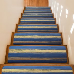 Stair Treads Non Slip Indoor for Wooden Steps, Navy Blue Yellow 15 Pcs Stair Mats for Kids Elders Dogs, 8 x 30 Inch Modern Abstract Striped Art Carpet Treads Runner Rugs for Staircase