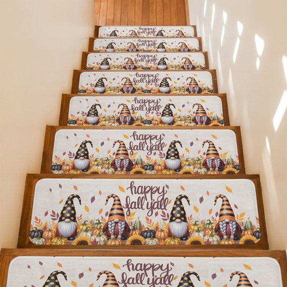 Stair Treads Non Slip Indoor for Wooden Steps, Orange Gnomes Fall 15 Pcs Stair Mats for Kids Elders Dogs, 8 x 30 Inch Pumpkins Thanksgiving Maple Leaf Sunflower Treads Runner Rugs for Staircase
