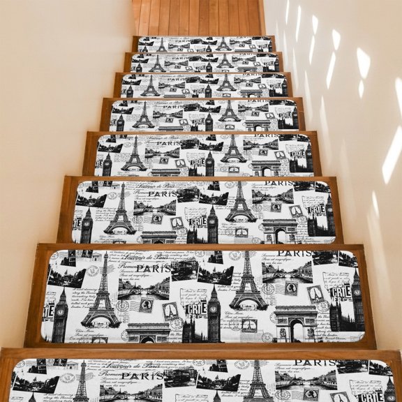 Stair Treads Non Slip Indoor for Wooden Steps, Paris Tower 10 Pcs Stair Mats for Kids Elders Dogs, 8 x 30 Inch Vintage Architectural Hand-Painted Aesthetic Carpet Treads Runner Rugs for Staircase