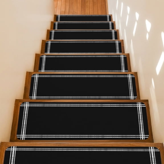 Stair Treads Non Slip Indoor for Wooden Steps, Pure Black 15 Pcs Stair Mats for Kids Elders Dogs, 8 x 30 Inch Simple Solid Color Carpet Treads Runner Rugs for Staircase