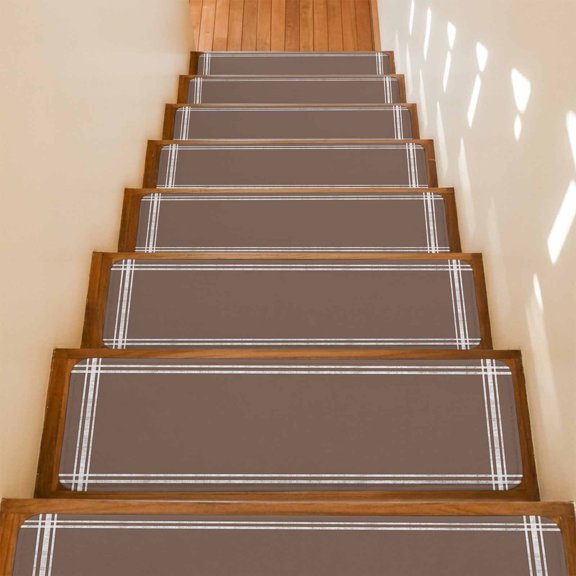 Stair Treads Non Slip Indoor for Wooden Steps, Pure Brown 15 Pcs Stair Mats for Kids Elders Dogs, 8 x 30 Inch Simple Solid Color Carpet Treads Runner Rugs for Staircase