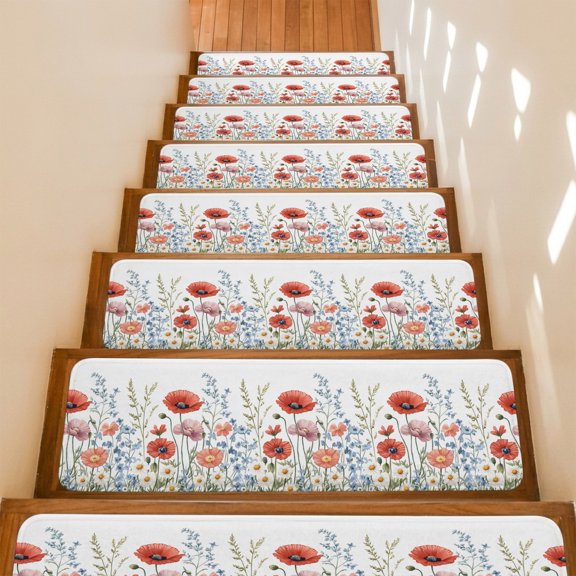 Stair Treads Non Slip Indoor for Wooden Steps, Red Flower 15 Pcs Stair Mats for Kids Elders Dogs, 8 x 30 Inch Botanical Blue Plant Pink Garden Poppy Floral Carpet Treads Runner Rugs for Staircase