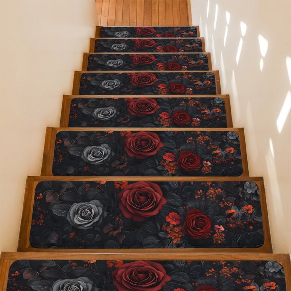Stair Treads Non Slip Indoor for Wooden Steps, Red Orange Roses 15 Pcs Stair Mats for Kids Elders Dogs, 8 x 30 Inch Elegant Romantic Flowers Pastoral Carpet Treads Runner Rugs for Staircase