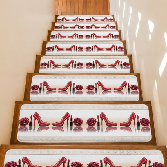 Stair Treads Non Slip Indoor for Wooden Steps, Red Roses 15 Pcs Stair Mats for Kids Elders Dogs, 8 x 30 Inch High Heel Modern Art Carpet Treads Runner Rugs for Staircase