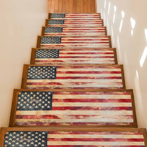 Stair Treads Non Slip Indoor for Wooden Steps, Retro American Flag 4 Pcs Stair Mats for Kids Elders Dogs, 8 x 30 Inch Vintage Red Strip Star US Flag Carpet Treads Runner Rugs for Staircase