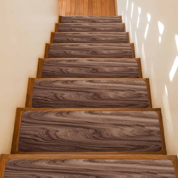 Stair Treads Non Slip Indoor for Wooden Steps, Retro Wood Grain 7 Pcs Stair Mats for Kids Elders Dogs, 8 x 30 Inch Rustic Farmhouse Wooden Board Brown Carpet Treads Runner Rugs for Staircase