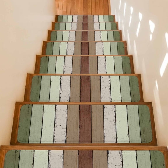 Stair Treads Non Slip Indoor for Wooden Steps, Sage Green 4 Pcs Stair Mats for Kids Elders Dogs, 8 x 30 Inch Farmhouse Wood Grain Vintage Brown Striped Carpet Treads Runner Rugs for Staircase
