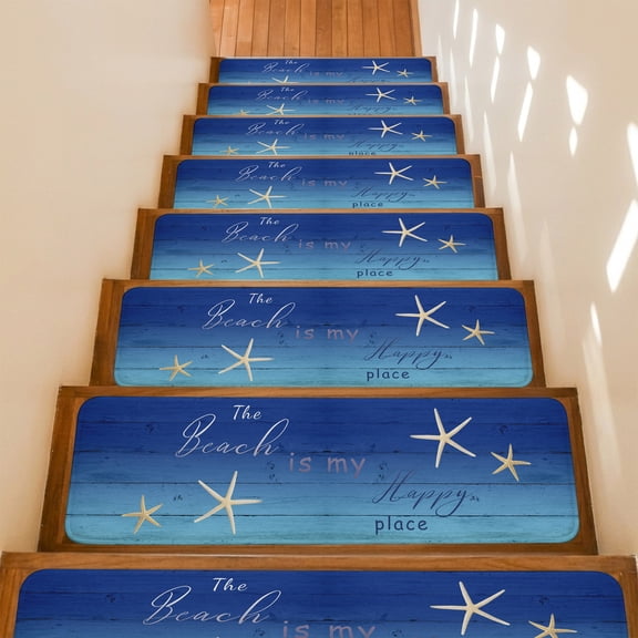 Stair Treads Non Slip Indoor for Wooden Steps, Starfish Blue 15 Pcs Stair Mats for Kids Elders Dogs, 8 x 30 Inch Ocean Coastal Gradient Wood Grain Carpet Treads Runner Rugs for Staircase