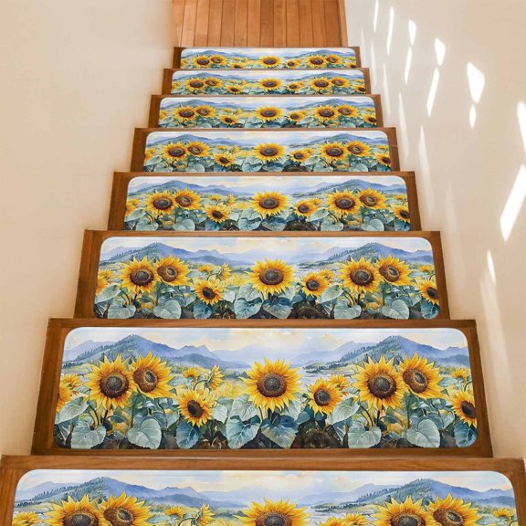 Stair Treads Non Slip Indoor for Wooden Steps, Sunflower Summer 4 Pcs Stair Mats for Kids Elders Dogs, 8 x 30 Inch Vintage Farmhouse Field Floral Carpet Treads Runner Rugs for Staircase