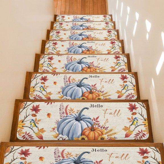 Stair Treads Non Slip Indoor for Wooden Steps, Thanksgiving Fall 4 Pcs Stair Mats for Kids Elders Dogs, 8 x 30 Inch Orange Blue Pumpkin Maple Leaf Vintage Carpet Treads Runner Rugs for Staircase