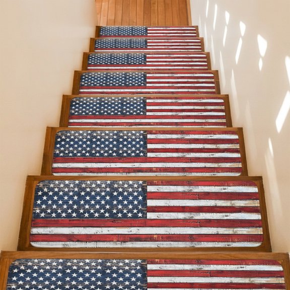 Stair Treads Non Slip Indoor for Wooden Steps, Vintage American Flag 15 Pcs Stair Mats for Kids Elders Dogs, 8 x 30 Inch Country Wooden USA Flag Carpet Treads Runner Rugs for Staircase