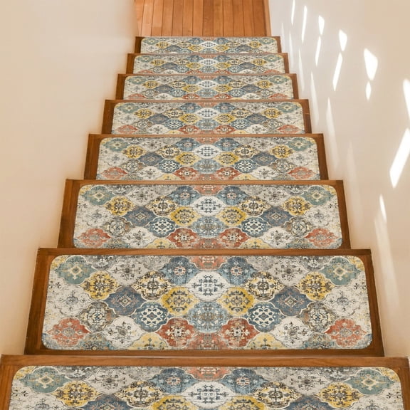 Stair Treads Non Slip Indoor for Wooden Steps, Vintage Boho 4 Pcs Stair Mats for Kids Elders Dogs, 8 x 30 Inch Chic Farmhouse Neutral Morocco Geometric Carpet Treads Runner Rugs for Staircase