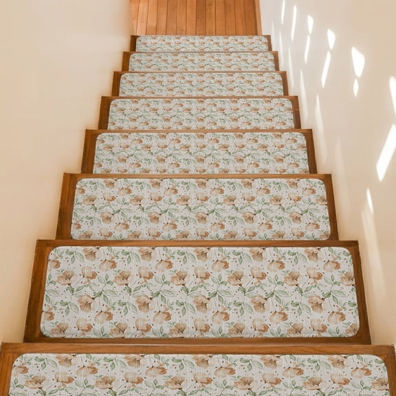 Stair Treads Non Slip Indoor for Wooden Steps, Vintage Flower, 15 Pcs Stair Mats for Kids Elders Dogs, 8 x 30 Inch Country Shabby Chic Floral Leaves Carpet Treads Runner Rugs for Staircase