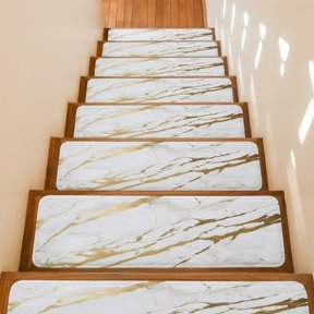 Stair Treads Non Slip Indoor for Wooden Steps, White Gold Modern 4 Pcs Stair Mats for Kids Elders Dogs, 8 x 30 Inch Abstract Vintage Marble Geometric Carpet Treads Runner Rugs for Staircase
