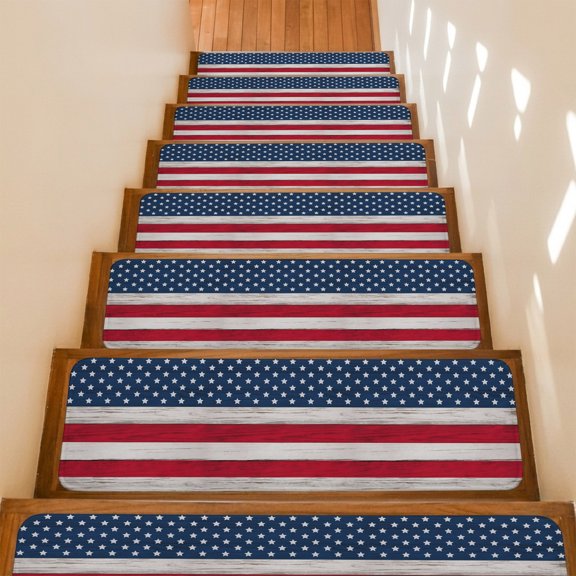 Stair Treads Non Slip Indoor for Wooden Steps, Wooden American Flag 4 Pcs Stair Mats for Kids Elders Dogs, 8 x 30 Inch Independence Day Star Striped Flag Carpet Treads Runner Rugs for Staircase