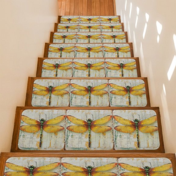 Stair Treads Non Slip Indoor for Wooden Steps, Yellow Dragonfly 4 Pcs Stair Mats for Kids Elders Dogs, 8 x 30 Inch Vintage Rustic Chic Animals Aesthetic Carpet Treads Runner Rugs for Staircase