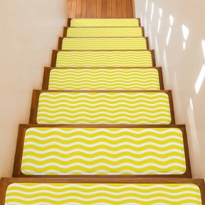 Stair Treads Non Slip Indoor for Wooden Steps, Yellow Moire 15 Pcs Stair Mats for Kids Elders Dogs, 8 x 30 Inch Water Ripple Stripe Farmhouse Carpet Treads Runner Rugs for Staircase