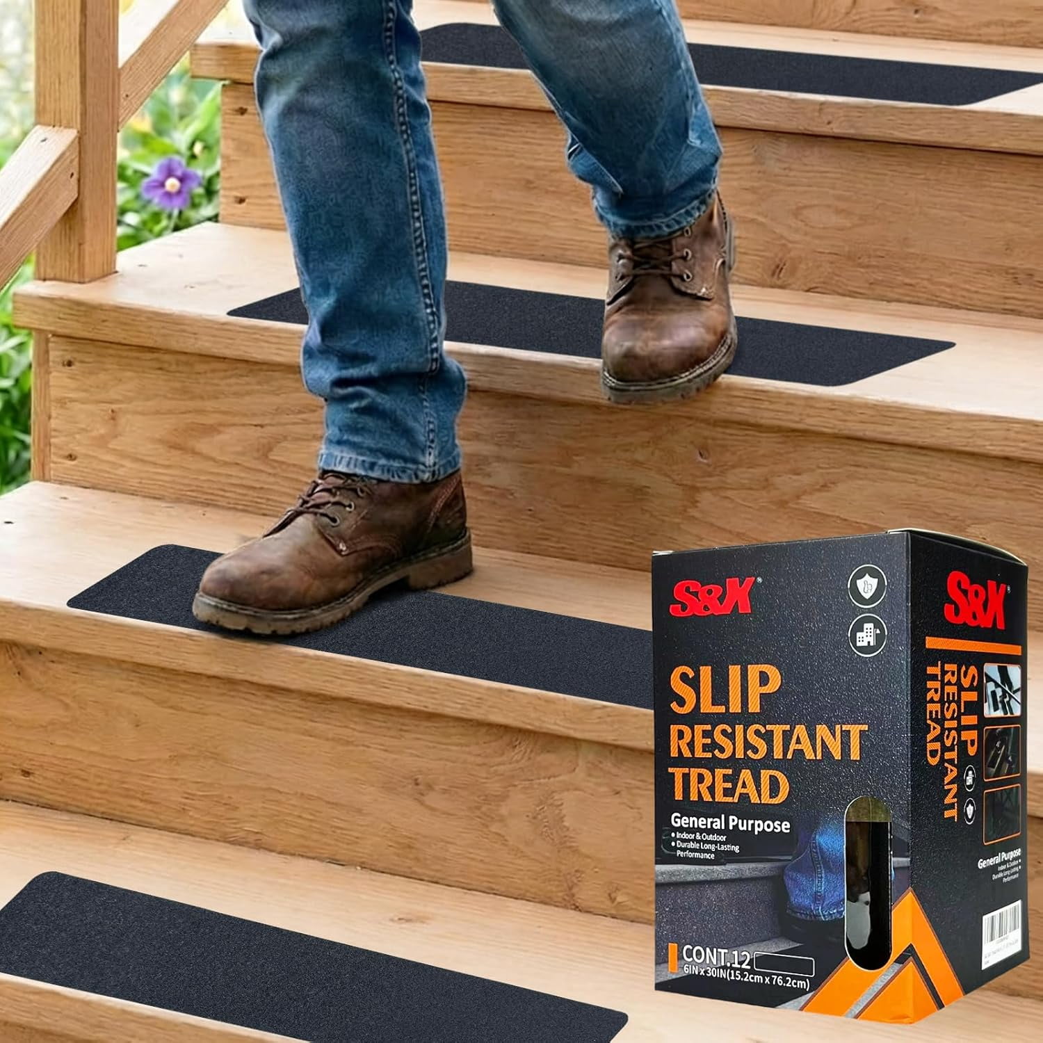 Stair Treads Non-Slip Outdoor Grip Tape, 12-Pack, 6” x 30” Pre-Cut Anti ...