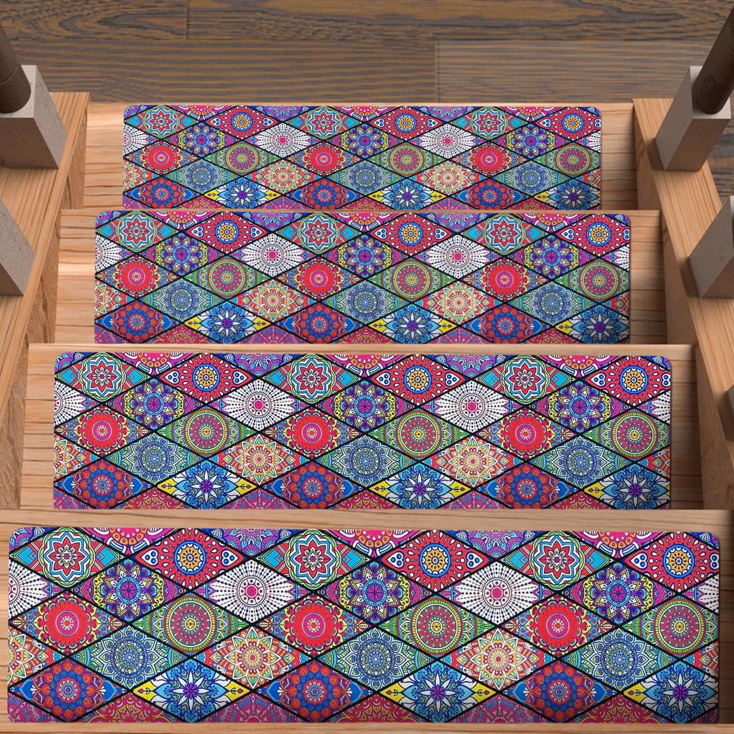 Boho Non-Slip Stair Treads - 15 Pcs 8x30 Inch Washable Runner For Wood Steps (Blue)