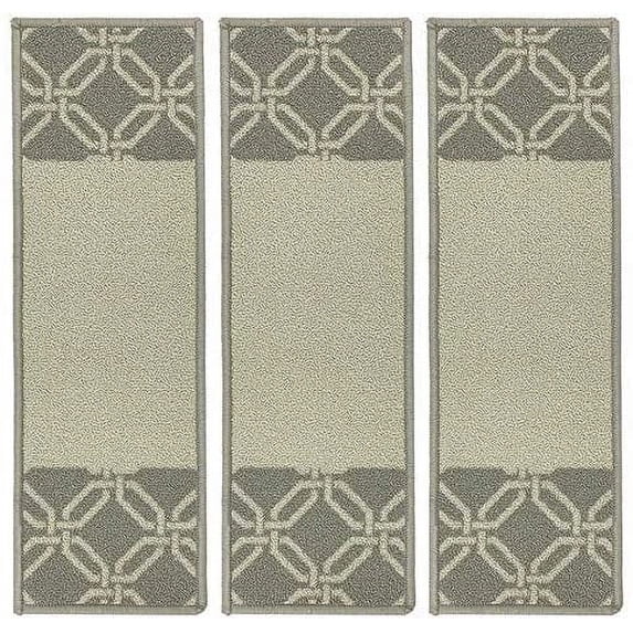 Stair Treads Skid Slip Resistant Backing Indoor Carpet Stair Treads Lattice Border Moroccan Design 8 ½ inch x 26 ¼ inch (Set of 3, Grey)