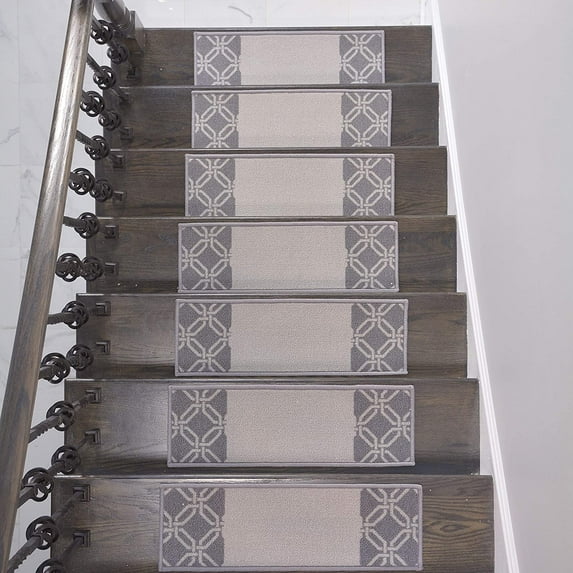 Stair Treads Skid Slip Resistant Backing Indoor Carpet Stair Treads Lattice Border Moroccan Design 8 ½ inch x 26 ¼ inch (Set of 9, Grey)